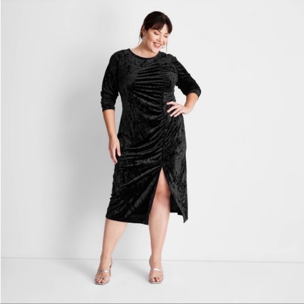 Future Collective Black Velvet Ruched A-Line Midi Evening Formal Dress Plus Size
